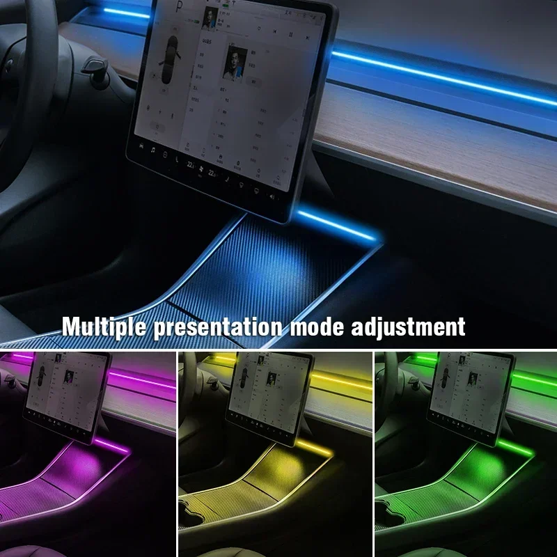 LED Car Lights For Tesla Model 3 Y Center Console Dashboard Wireless Charging RGB Neon LED Light Strip Musical Rhythm USB Power APP Control
