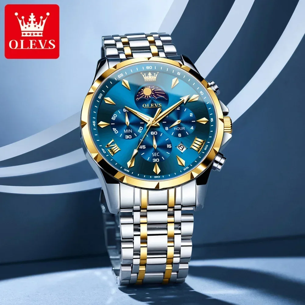 OLEVS Men's Stainless Steel Waterproof Quartz Watch with Moon Phase and Luminous Calendar
