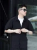 Miyake Pleated Short Sleeve Shirt Casual Solid Color Shirts Summer Button Lapel Top Men 4