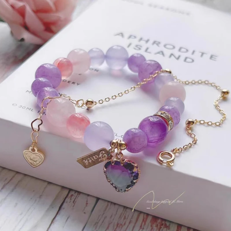 

Peach Heart Unicorn Double Layered Natural Pink Crystal Amethyst Titanium Crystal Bracelet Move Peach Blossom Luck Bracelet