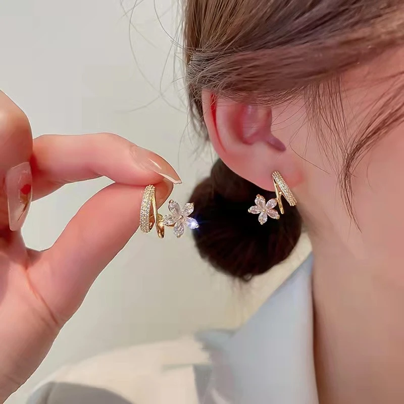 LATS 2022 New Gold Color Zircon Opal Cherry Blossom Earrings for Women  Elegant Light Luxury Flowers Stud Earring Fashion Jewelry