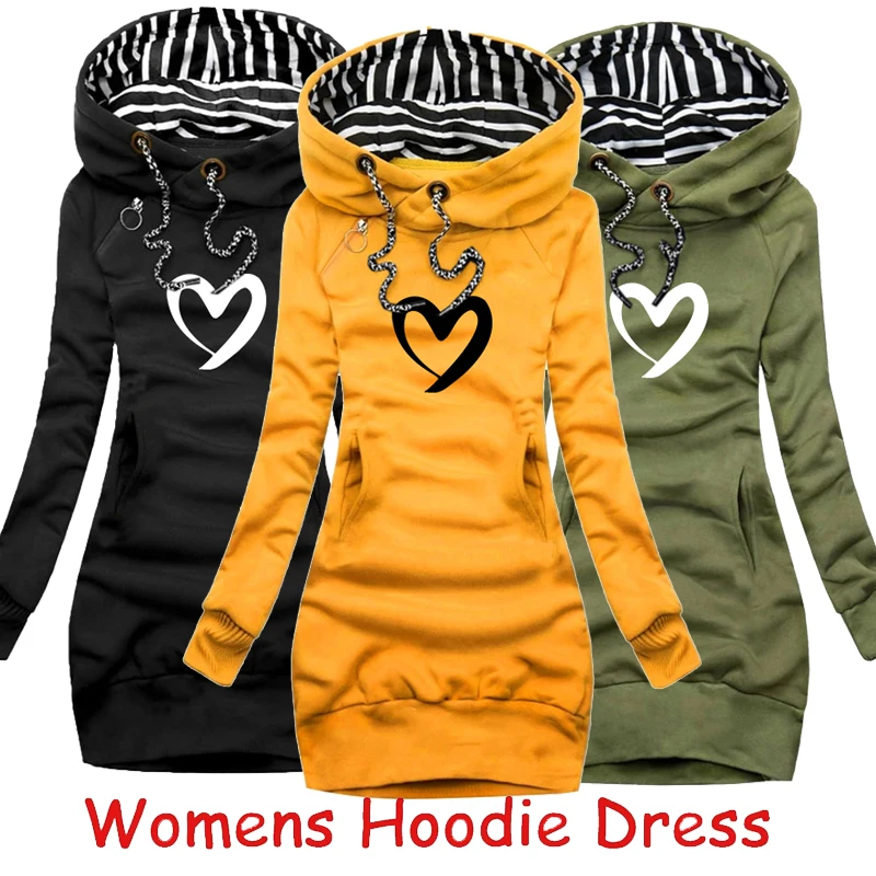 Fashion Heart Women Hoodie Dress Casual Long Sleeve Hooded Pullover Dress Lady Autumn Winter Streetwear Dress zaful streetwear angel heart letter graphic tee xl gray