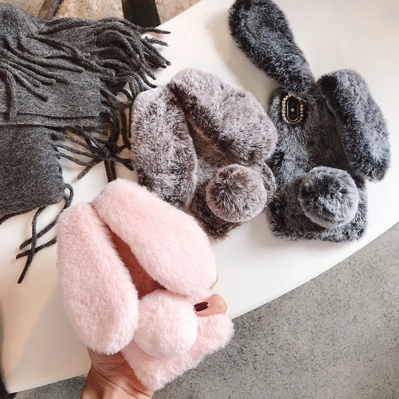 Plush Bunny Fur 3D Phone Case - Fluffy Cute Rabbit Design Silicone Cover