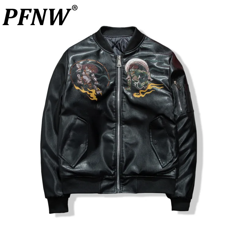 

PFNW Men's China-chic Jacket Spring Autumn Fashion PU Leather High Street Coat Tide Embroidered Motorcycle Zippers Punk 12Z1192