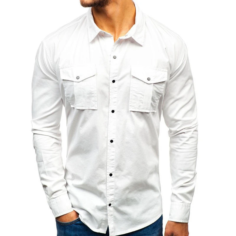 

Soild Color Shirts For Men Autumn Multi-Pocket Long-Sleeved Shirt Top Slim Turndown Shoulder Shirts Male Clothing