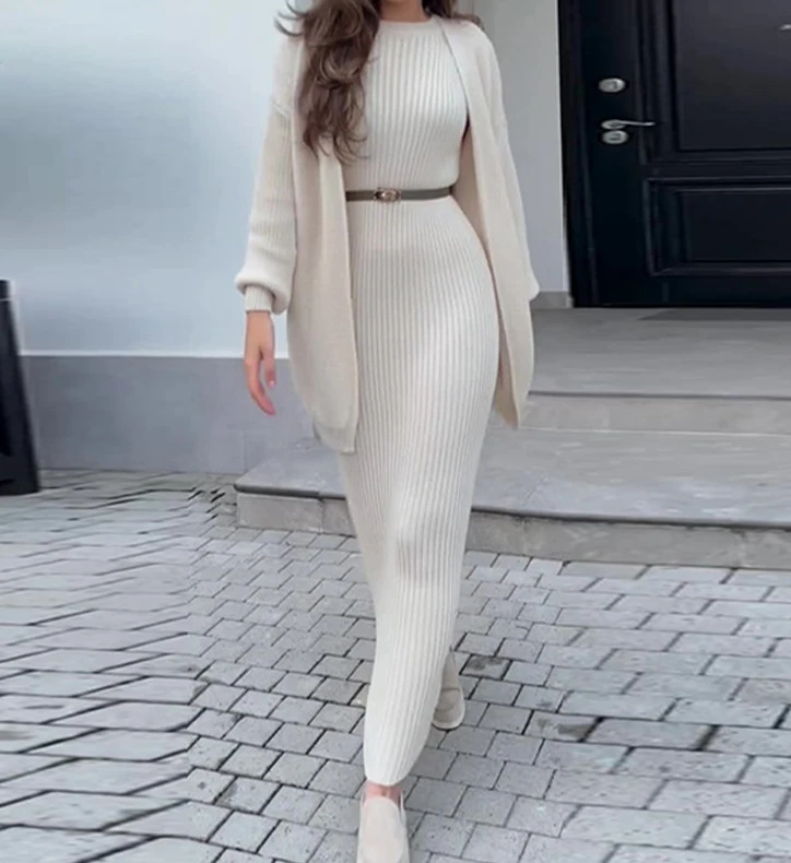 Set Woman 2 Pieces Elegant 2024 Lazy Style Long Sleeved Knitted Cardigan and Round Neck High Waisted Long Skirt Set for Women