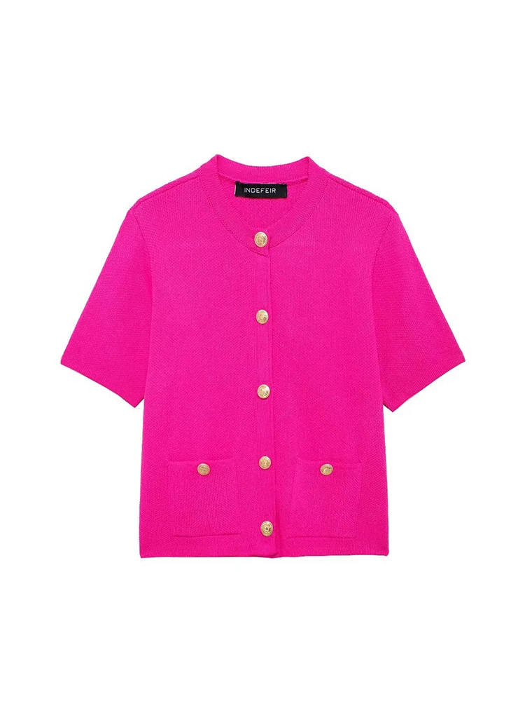 TFMLN Female Knitted Short Sleeve Sweater Women's Summer New O-neck Cardigan Loose Casual Single Breasted Lady Pockets Tops