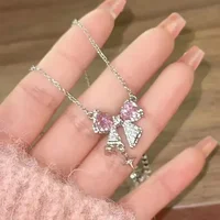 Fashion Fairy Pink Crystal Bow Knot Pendant Necklaces Y2K Girls Sweet Rhinestone Heart Clavicle Chain Women Jewelry Gifts 3