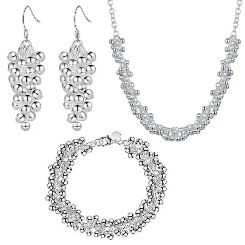 

Luxury Designer 925 Sterling Silver Fine Grape Beads Necklace Earring Bracelet Jewelry Set for Women Fashion Party Wedding Gifts
