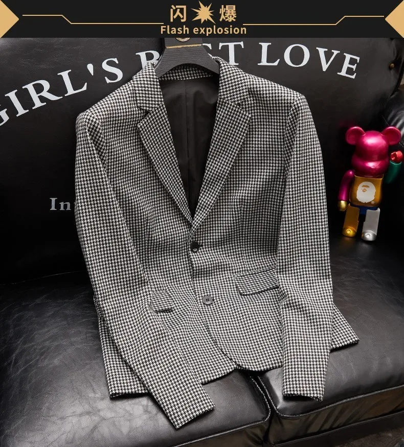 Plus-Size Herren Frühjahr neuer koreanischer Stil Slim-Fit trendige hübsche einreihige Hahnentritt-Anzugjacke – Detail 9