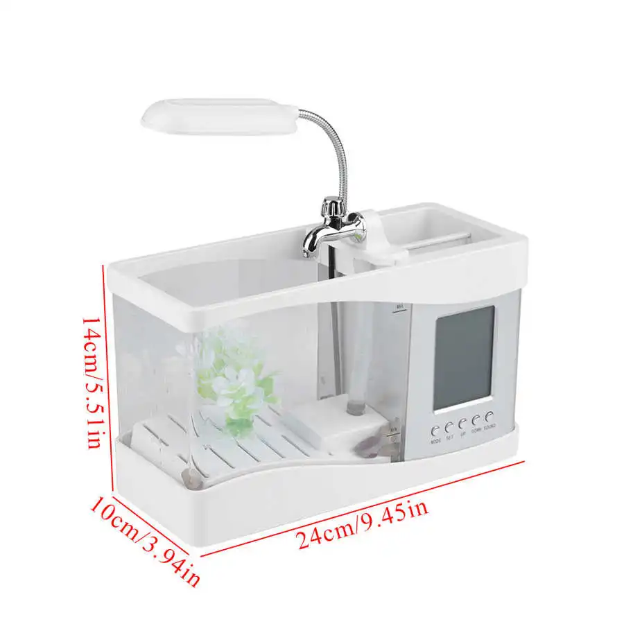 USB Rechargeable Desktop Aquarium Mini Fish Tank Multifunction Aquarium w/ LED Light LCD Display Screen and Clock Fish Supplies