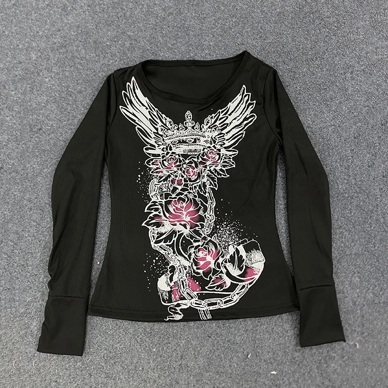 Gothic Dark Style Spicy Girl Long Sleeve Printed T-Shirt Autumn Retro Y2K Top for Women 6