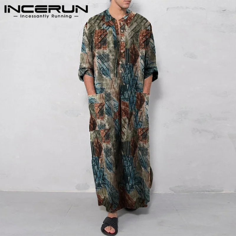 

INCERUN Men Muslim Jubba Thobe Printing 2023 Pockets Vintage Caftan O-neck Long Sleeve Button Cotton Islamic Arabic Kaftan Robes