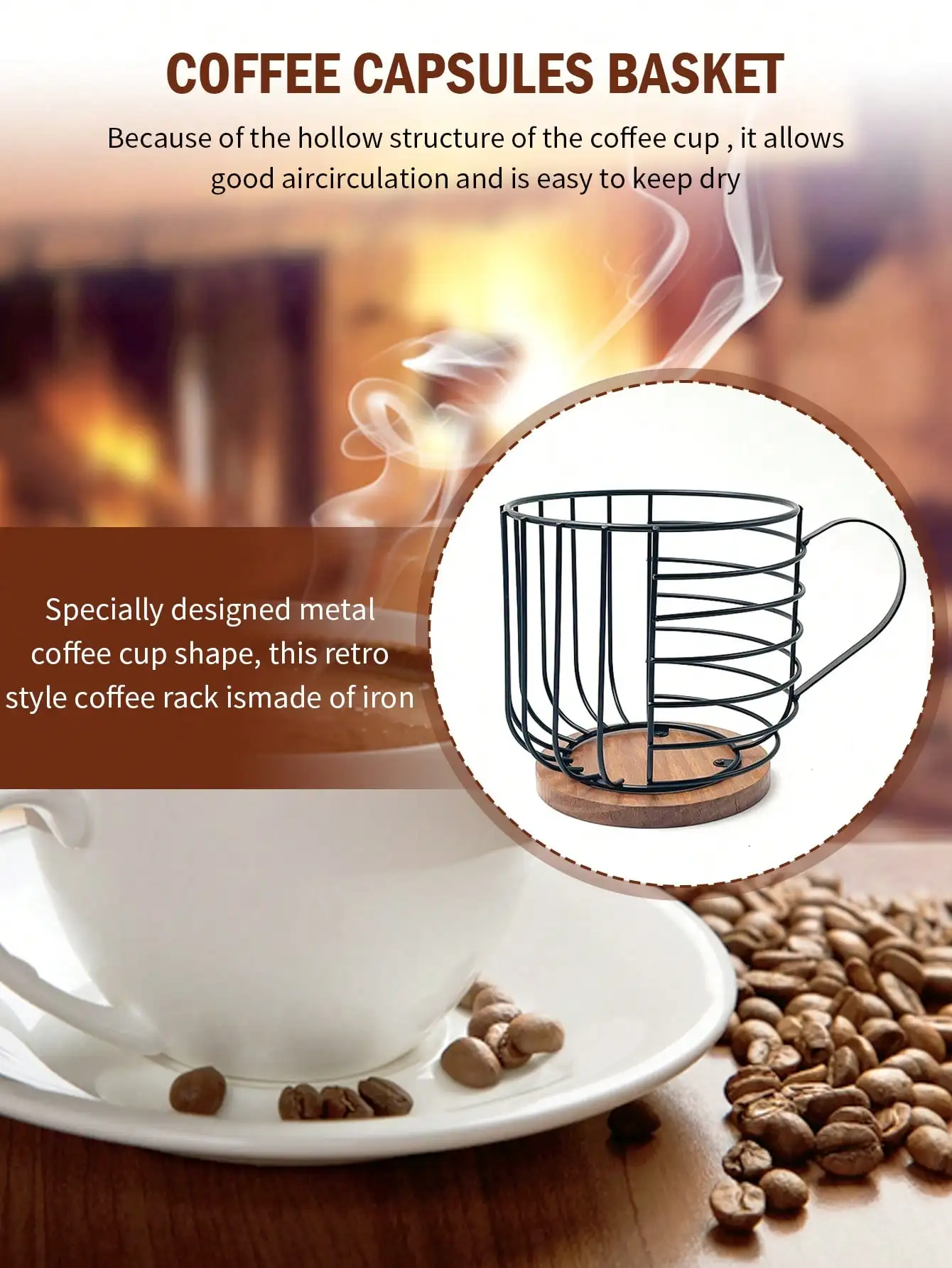 Wire Kup Contenitore Porta Cialde A Forma Di Tazza Con Base In Legno E Coperchio - Grande Capacità