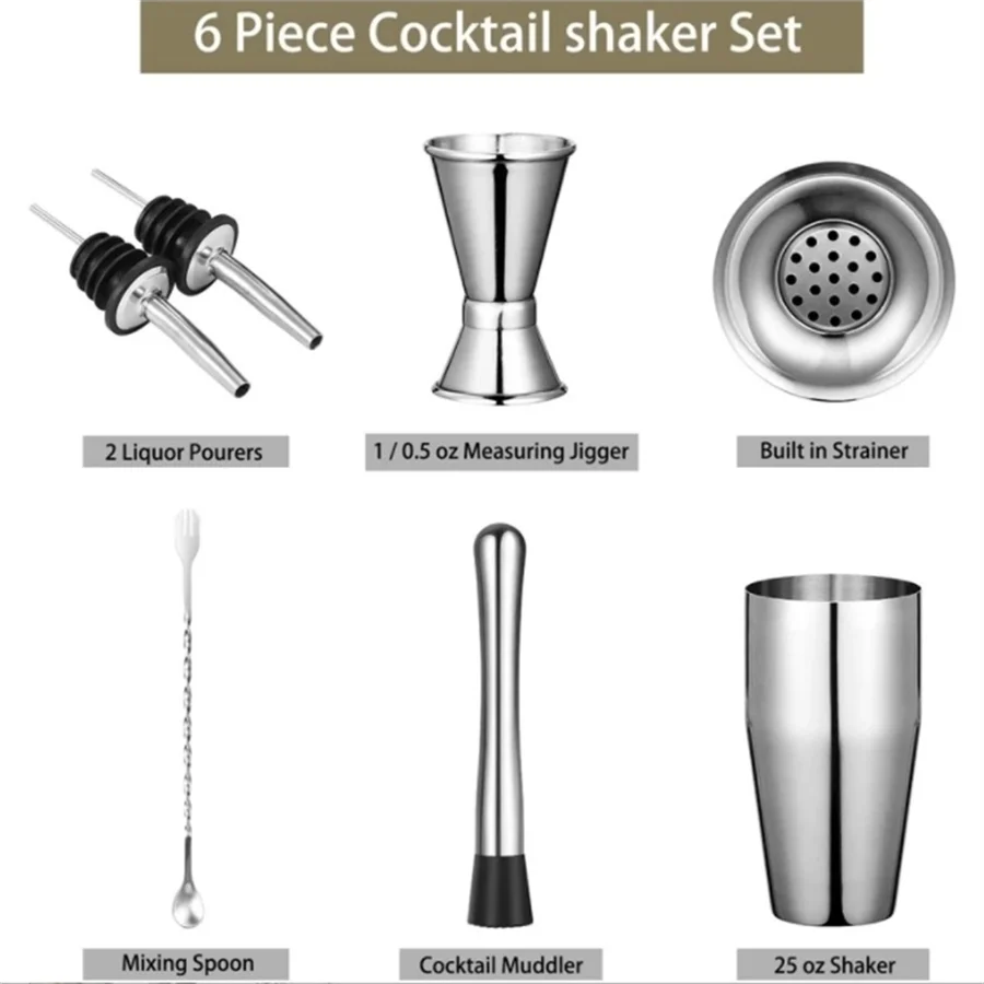 6pcs stainless steel cocktail shaker six-piece set three-stage cocktail shaker
