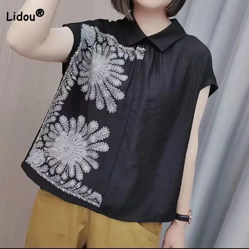 

Casual All-match Printed Polo-Neck T-shirt for Female Summer Fashion Button Spliced Vintage Pullovers Tops Women's Clothing