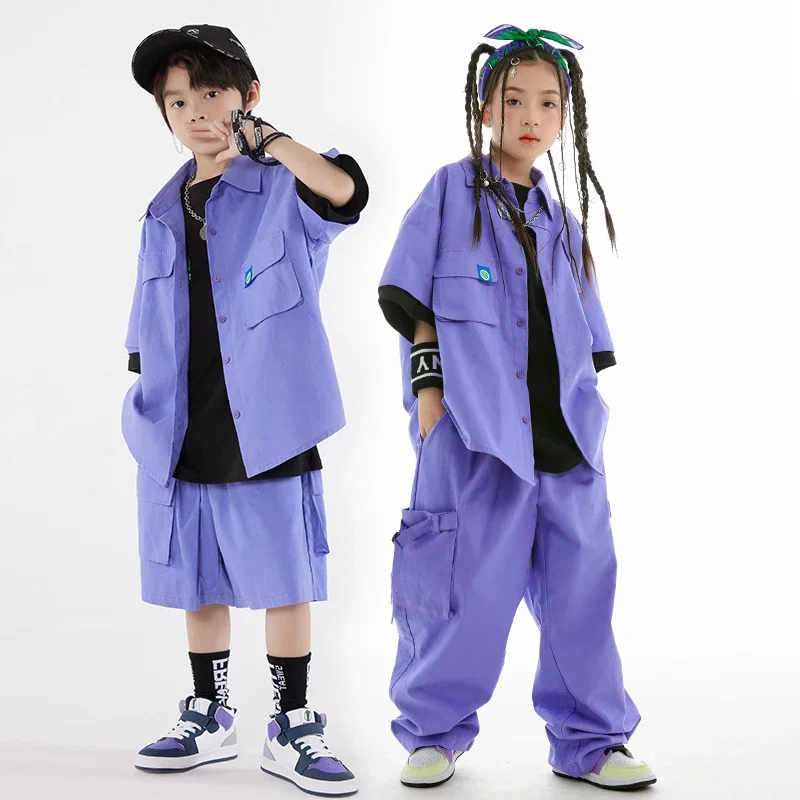 Loose Overalls Purple Coat Pants Street Dance Clothing Boys Girls Jazz Drum Show Stage Clothes Kids Hip Hop Dance Costume