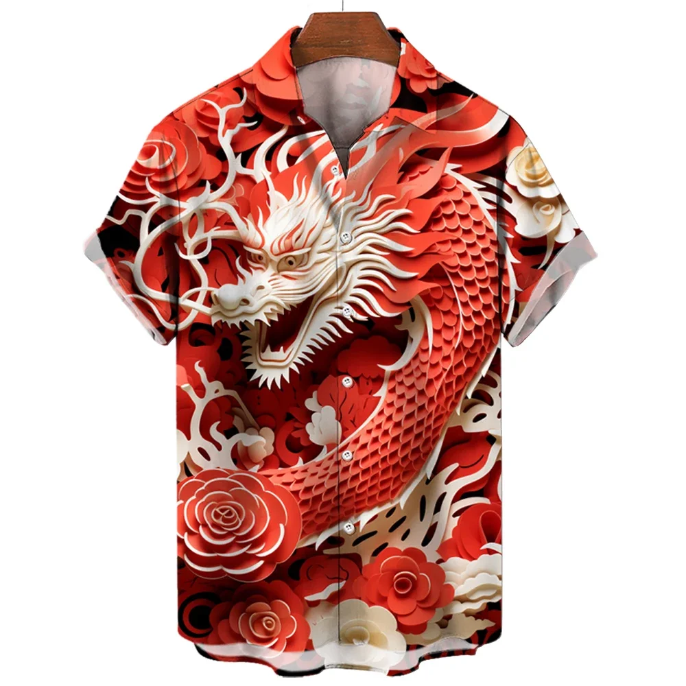 New Men's Shirts 2024 Dragon Short Sleeve Tops Casual Lapel Button New Year Tops Funny 3D Pattern Shirts Men's Fashion Tops