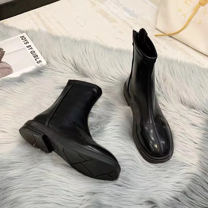 Women Black Low Heels Ankle Boots 2022 Winter Female Retro Round Toe Back Zipper Chelsea Boots High Quality Short Boots