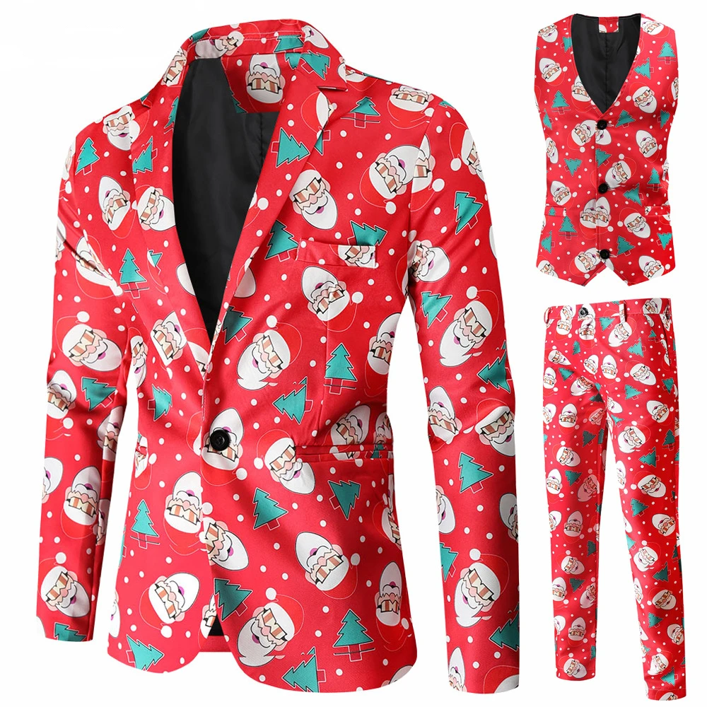 thumbnail image 1 of Traje de 3 piezas para fiesta de Navidad para hombre, traje de corte Regular con copos de nieve, sombrero de Papá Noel, chaqueta estampada, chaqueta, pantalones, chaleco, uniforme para niños para Navi, 1 of 5