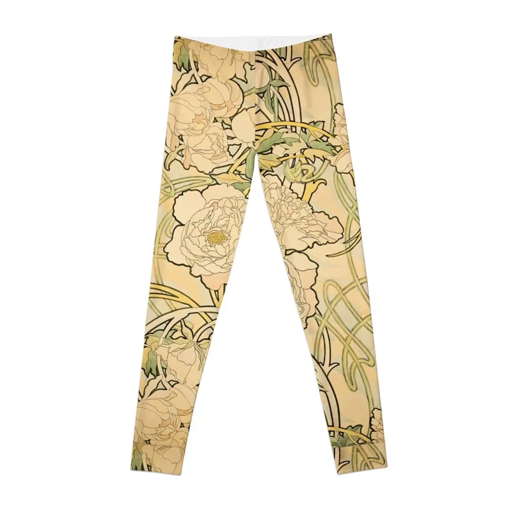 

Peonies' by Alphonse Mucha (Reproduction) Leggings active wear Women's tights fitness set gym sport legging Womens Leggings