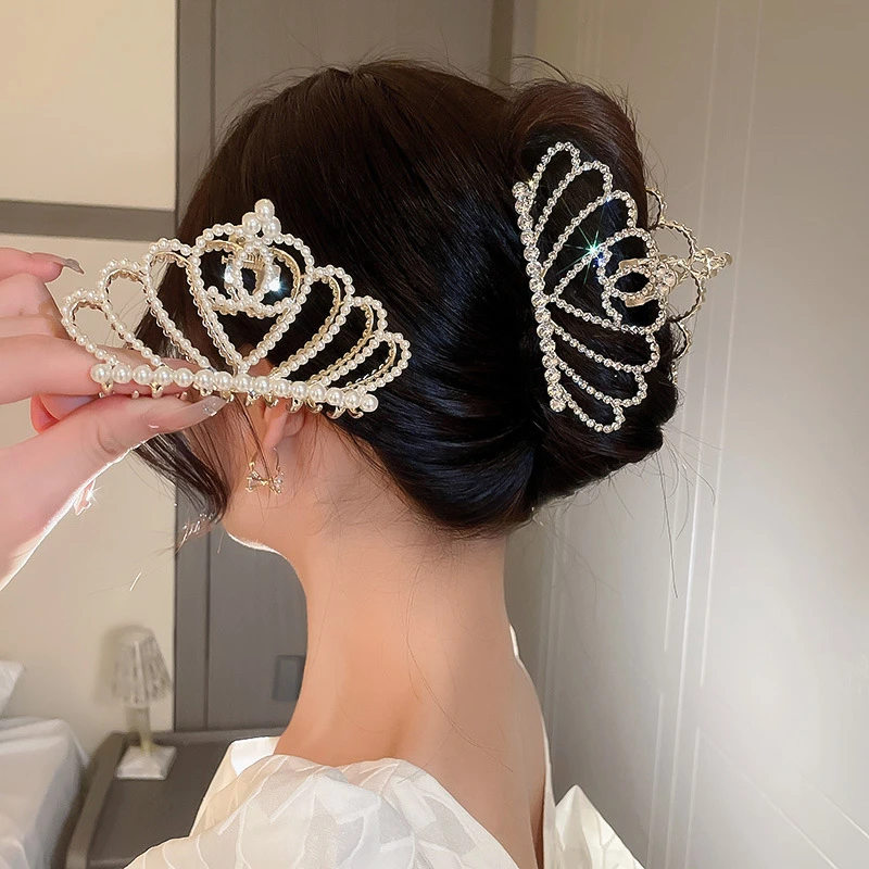 Big Gold Crown Hair Claw Clip For Women Grasp Pearl Rhinestones