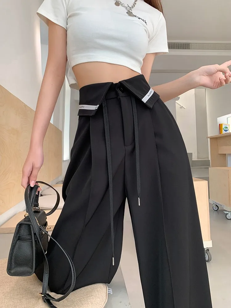 

Summer new black wide leg pants for women with loose and slim drapes, high waisted casual pants, straight suit pants