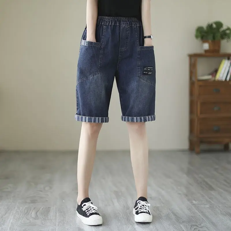 Oversized Jeans Summer New Fashion Vintage Patchwork Five Quarter Pants Ladies Casual All-match Patchwork Pocket Harem