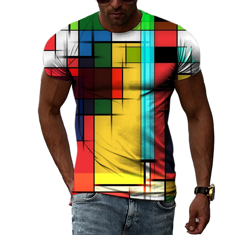 

Men's And Women's T-Shirts Print Hip Hop Round Neck Tees Short Sleeve TopsLeisure Grid Summer Popular Color Lattice Pattern