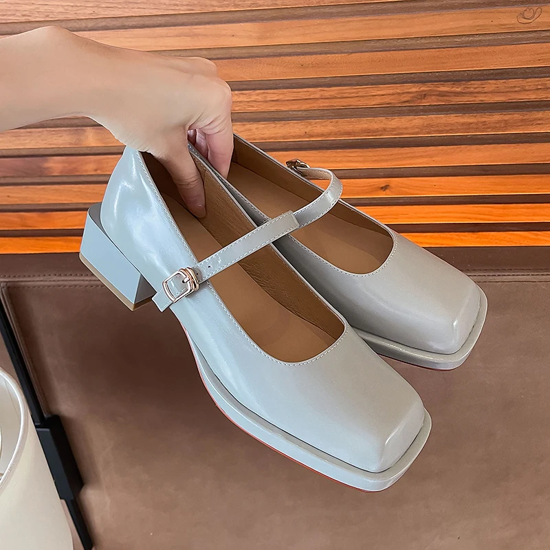

Mary Jane Shoes Women's Single Shoes Genuine Leather Women's Shoes Square Head Thick Heels Leather Shoes Women's Cowhide Pumps