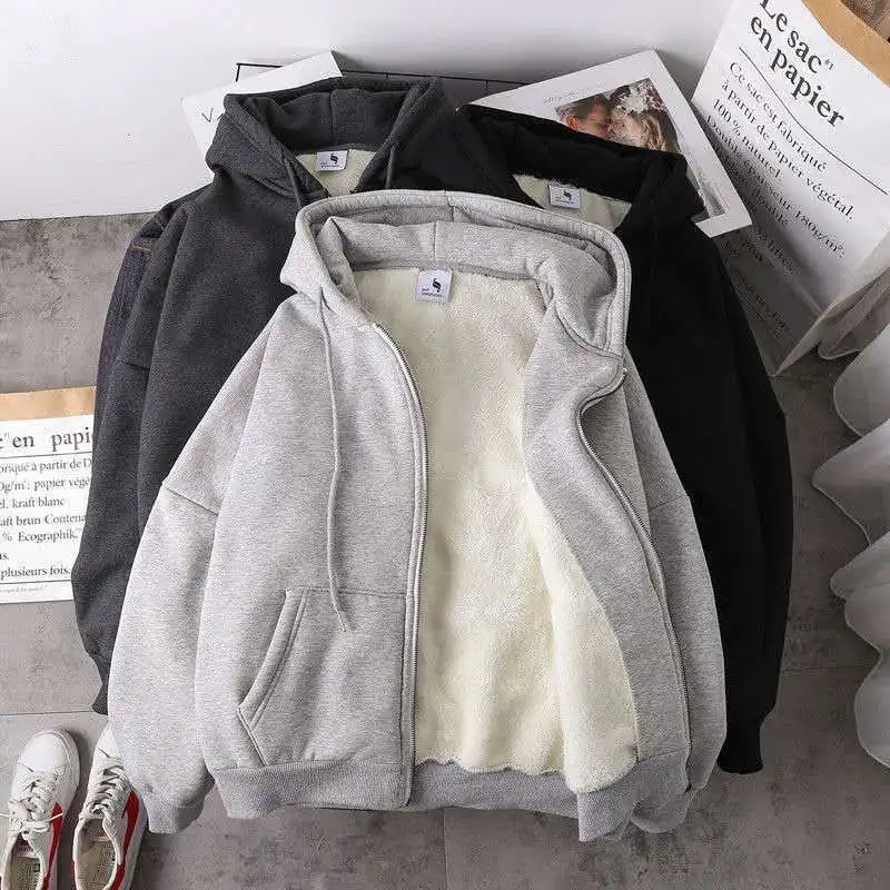 

Imitation Lamb Fleece Zipper Cardigan Sweater Women's Hat Autumn/Winter Loose plush Thick Hooded Coat