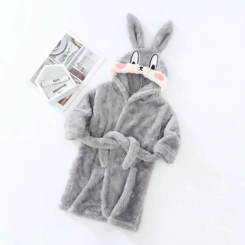 Autumn Winter Kids Hooded Bathrobe Baby Bath Robes Boys Girls Cute Cartoon Rabbit Flannel Pajamas Long Sleeve Towel Robe flannel pajamas child bathrobe kids robe