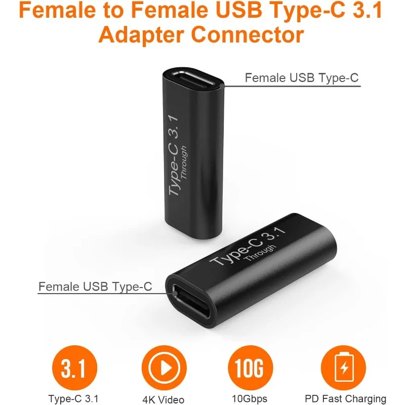 2PCS USB-C 암-USB-C 암 알루미늄 커넥터 어댑터는 4K 비디오, 고속 충전 및 10Gbps 데이터 전송을 지원합니다. (검정색)