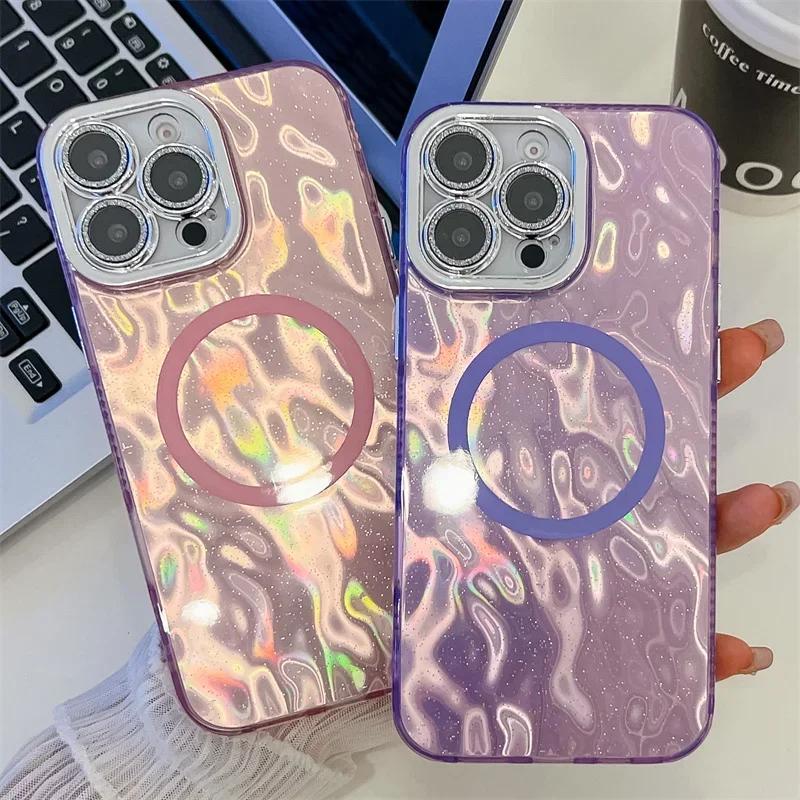Laser Fold Tinfoil Magnetic Phone Case For iphone 16 Plus 15 14 13 Pro Max For Magsafe Shockproof Hard PC Glitter Back Cover_voghion.com