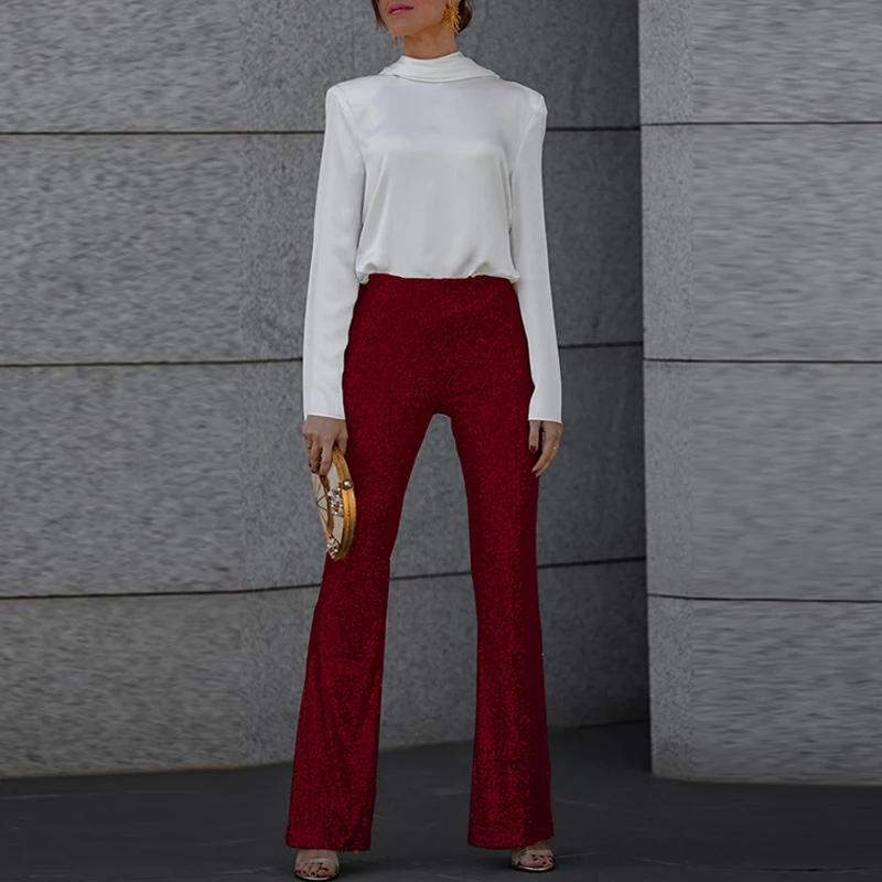 

Party Fashion Elastic Waist Flare Pants Elegant Glitter Sequins Long Pants 2024 Slim Women Shinny High Street Trousers New