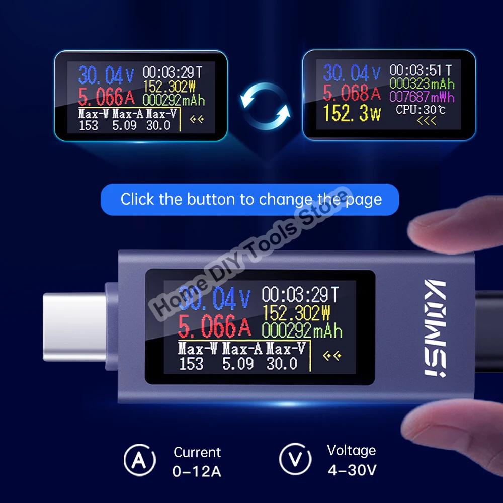 

KWS-2302C Type-c Multi-function Digital Display DC Voltage Ammeter Power Meter Cell Phone Charging Tester DC 4-30V 0-12A