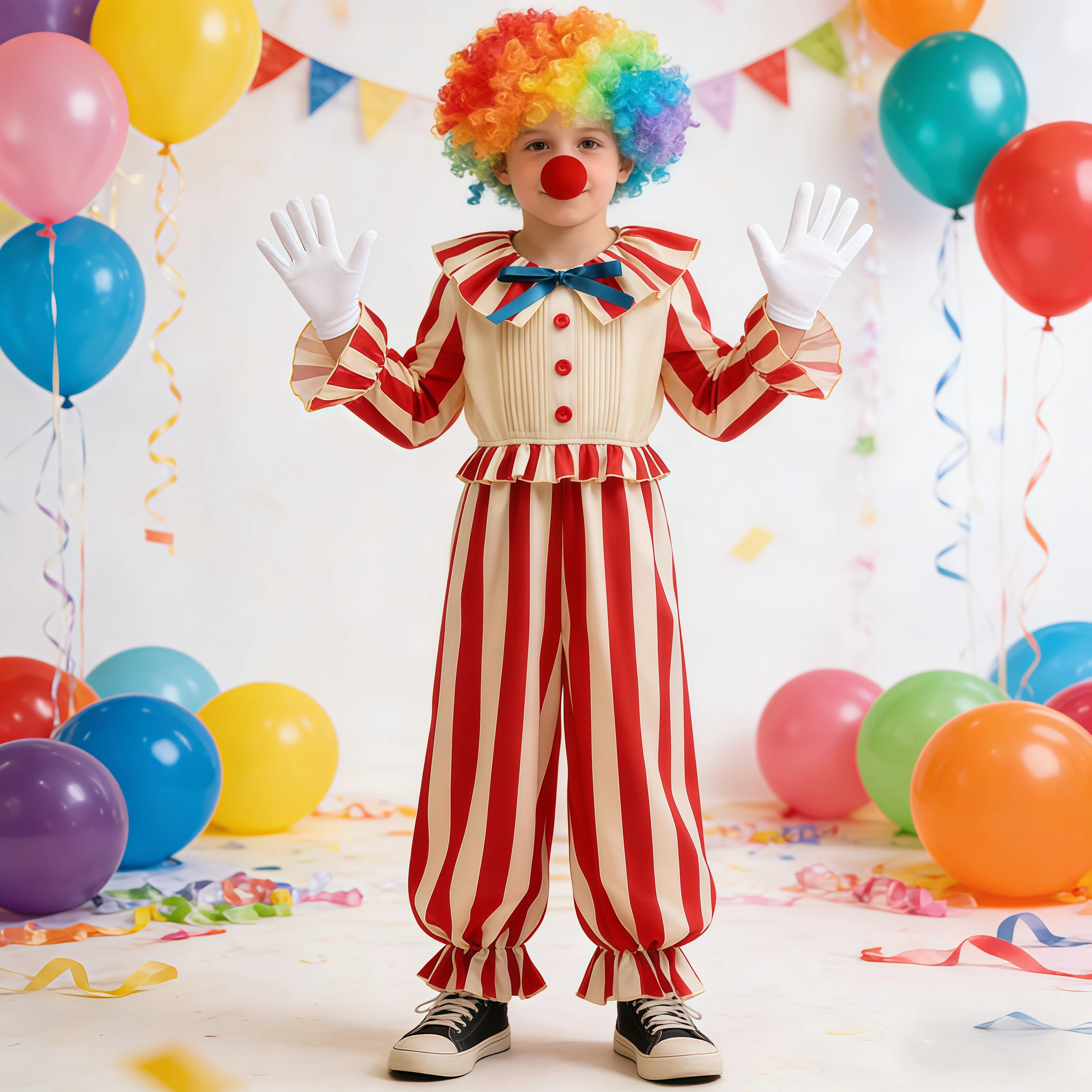 Jungen Zirkus-Joker Overall-Kostüm Rot Gestreifter Overall Kinder Geburtstagsparty Karneval Bühnenauftritt Halloween Clown Cosplay