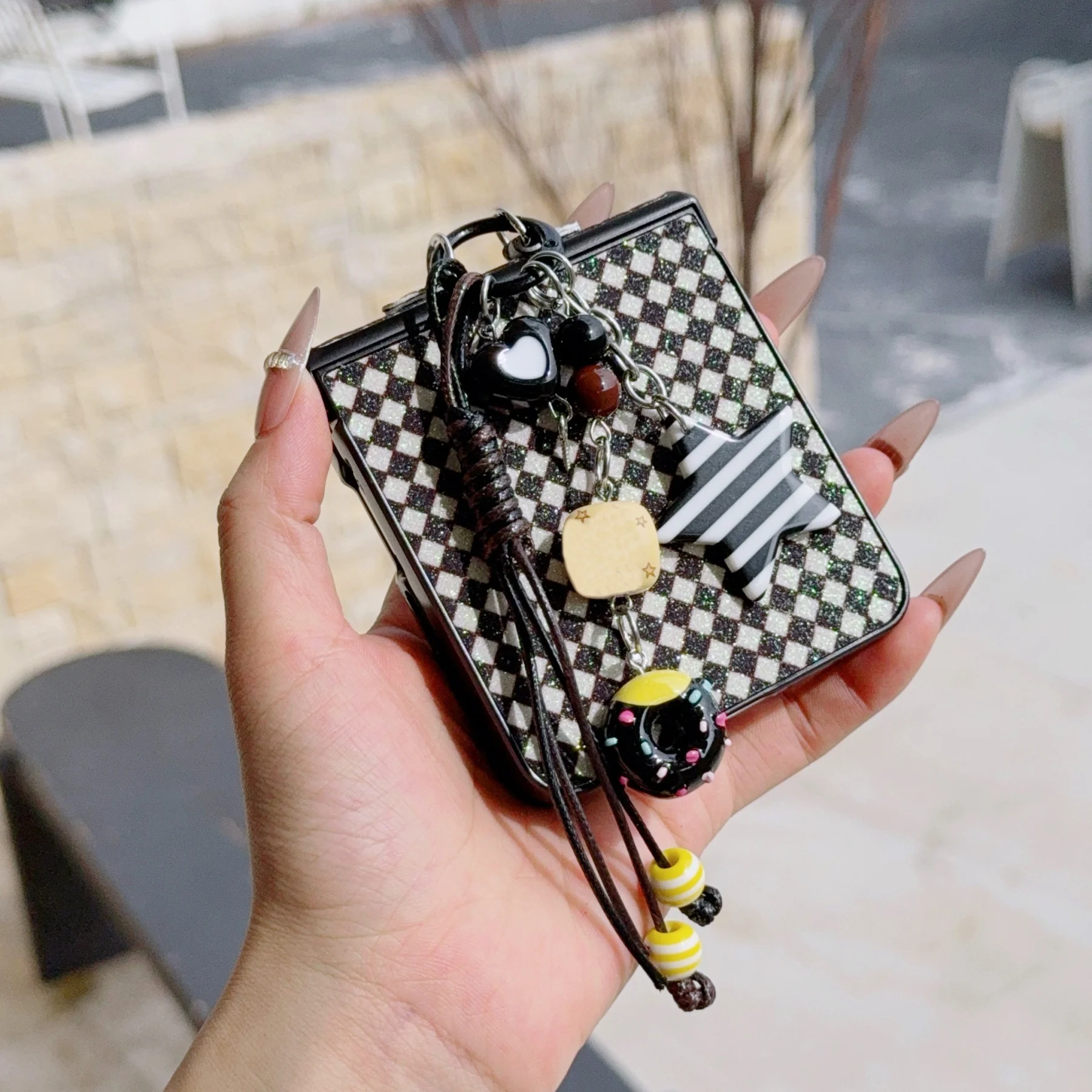 Cute Glitter Rhombus Pattern Phone Case with Donut Cake Pendant