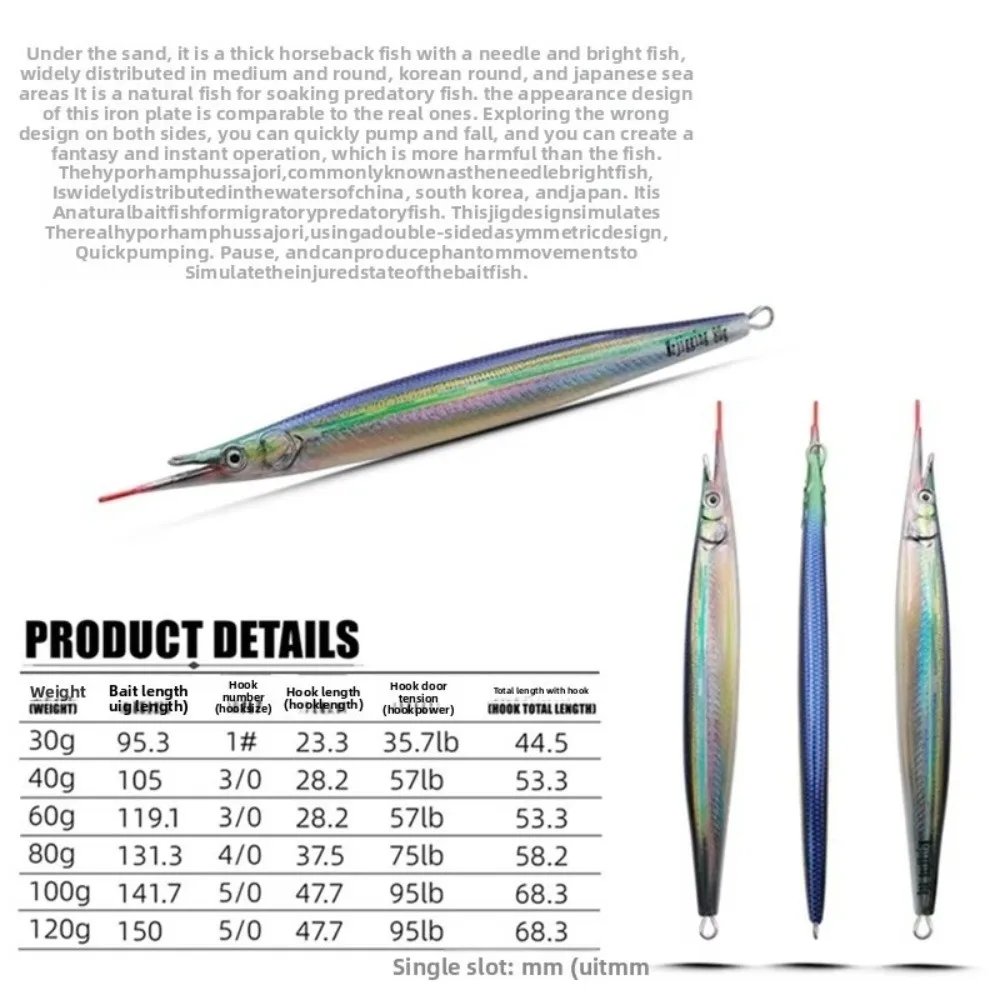 40g-60g Weight 3D Hyporhamphus Sajori Metal Jig Metal Material 3D Pattern Tuna Bait Jigging Design Fishing Spoon