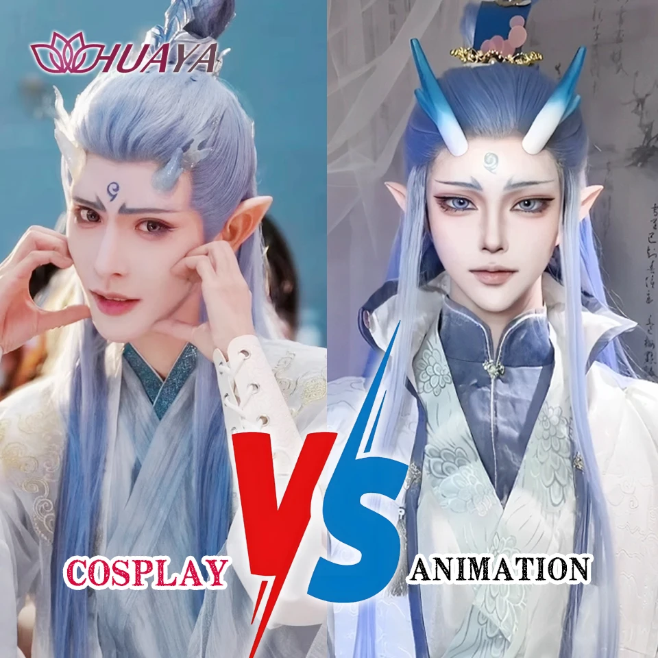 Synthetic Chinese Ancient Style Men Cosplay Wig Handsome Prince Childe Long Ombre Blue Hair Falling Modelling Hanfu Wig