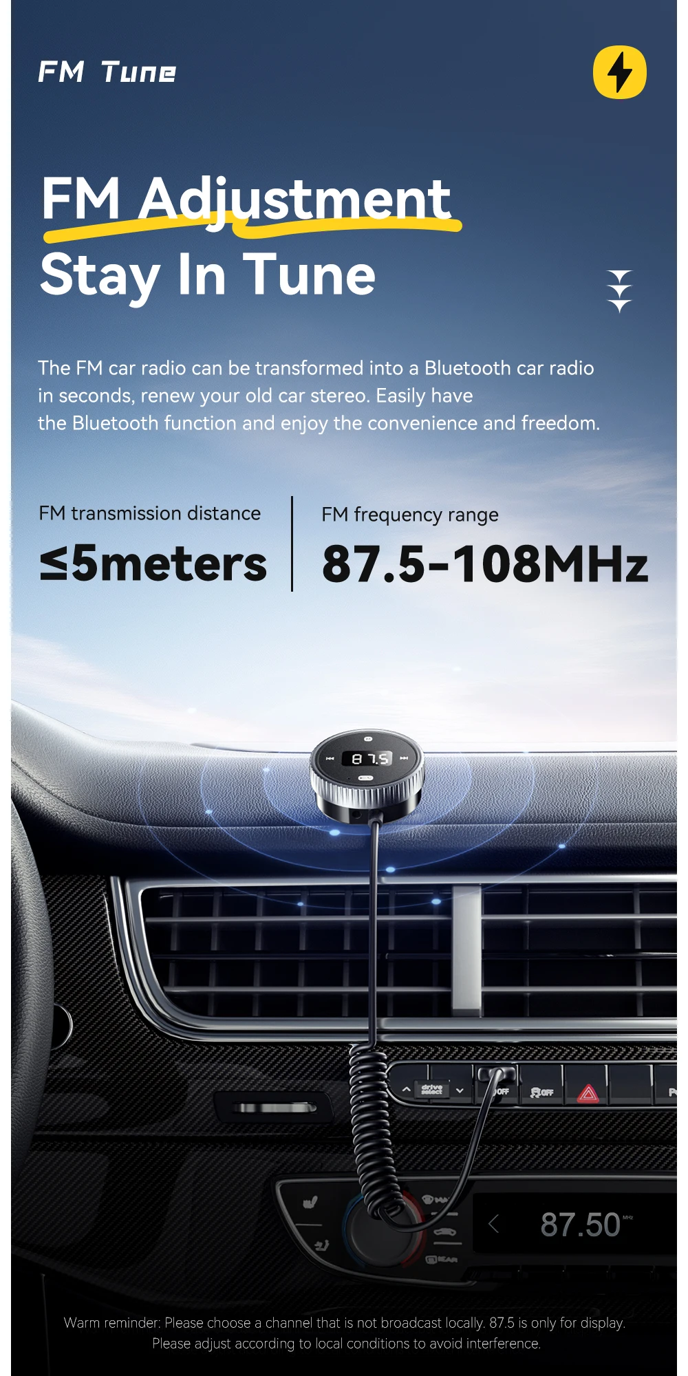 Car Bluetooth 5.3 FM Transmitter Built-in Mic Handsfree LED Display 3.5mm AUX Ad