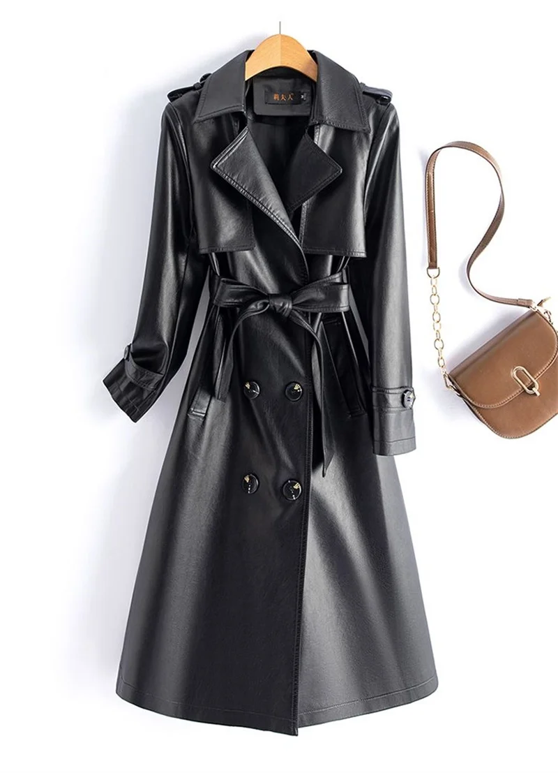 2024 High-quality Leather Trench Coat Women's Sheepskin Outerwear X-long Windbreaker Autumn Winter Lady Streetwear Overcoat 5xl