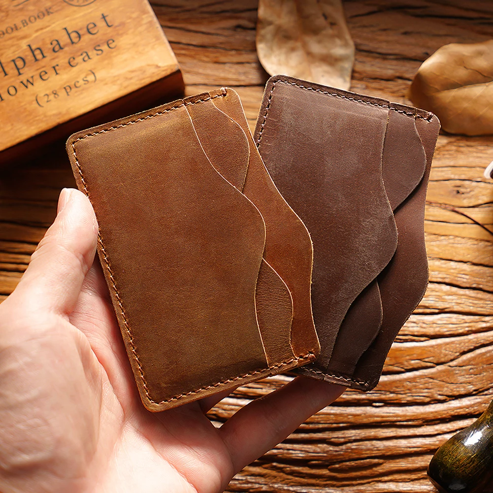Artisan-Crafted Vintage Card Case: Top-Grain Leather Mountain Stream Design w/ Multi-Compartment Stitching