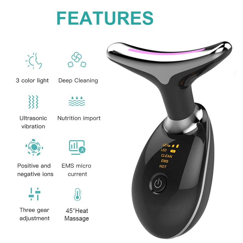 Neck Facial Lifting Device EMS Microcurrent LED Photon Therapy Vibration Face Massager Anti Wrinkles Tightenin_voghion.com