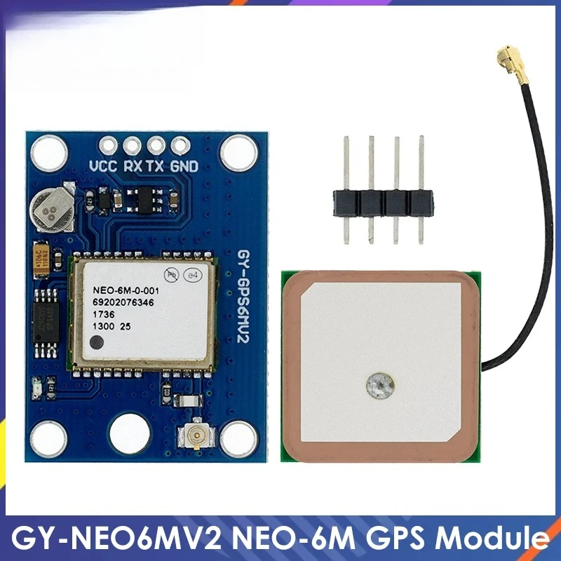 Module GPS NEO-6M NEO6MV2 montrant le chipset U-Blox et la batterie de secours