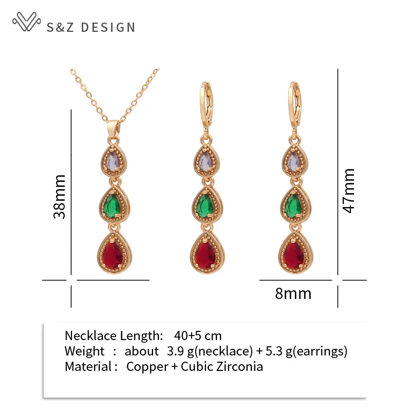 S&Z DESIGN New Fashion Colorful Water Drop Cubic Zirconia Dangle Earrings Jewelry Sets For Women Party Pendant Necklace Gift