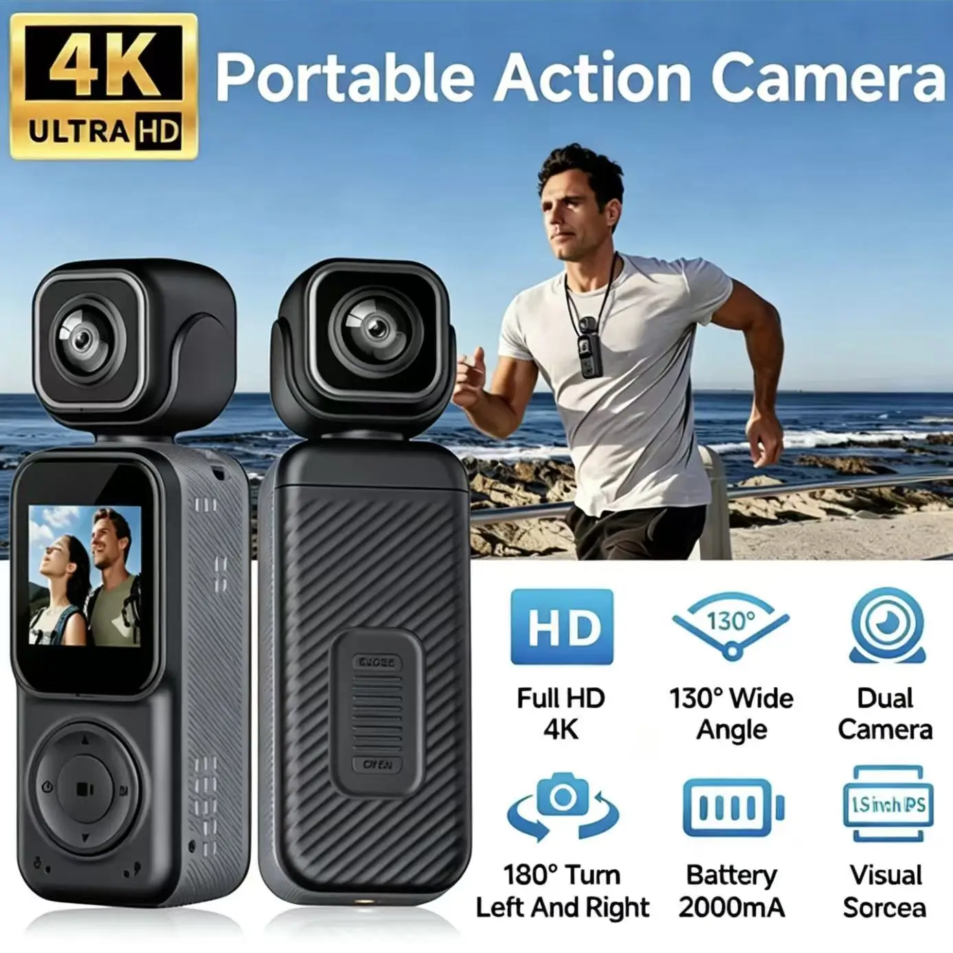 4K Dual Lens Action Camera with 180° Rotatable Lens WiFi Vlog Camera with Anti-Shake Portable Sports Motorcycle Helmet Bicycle