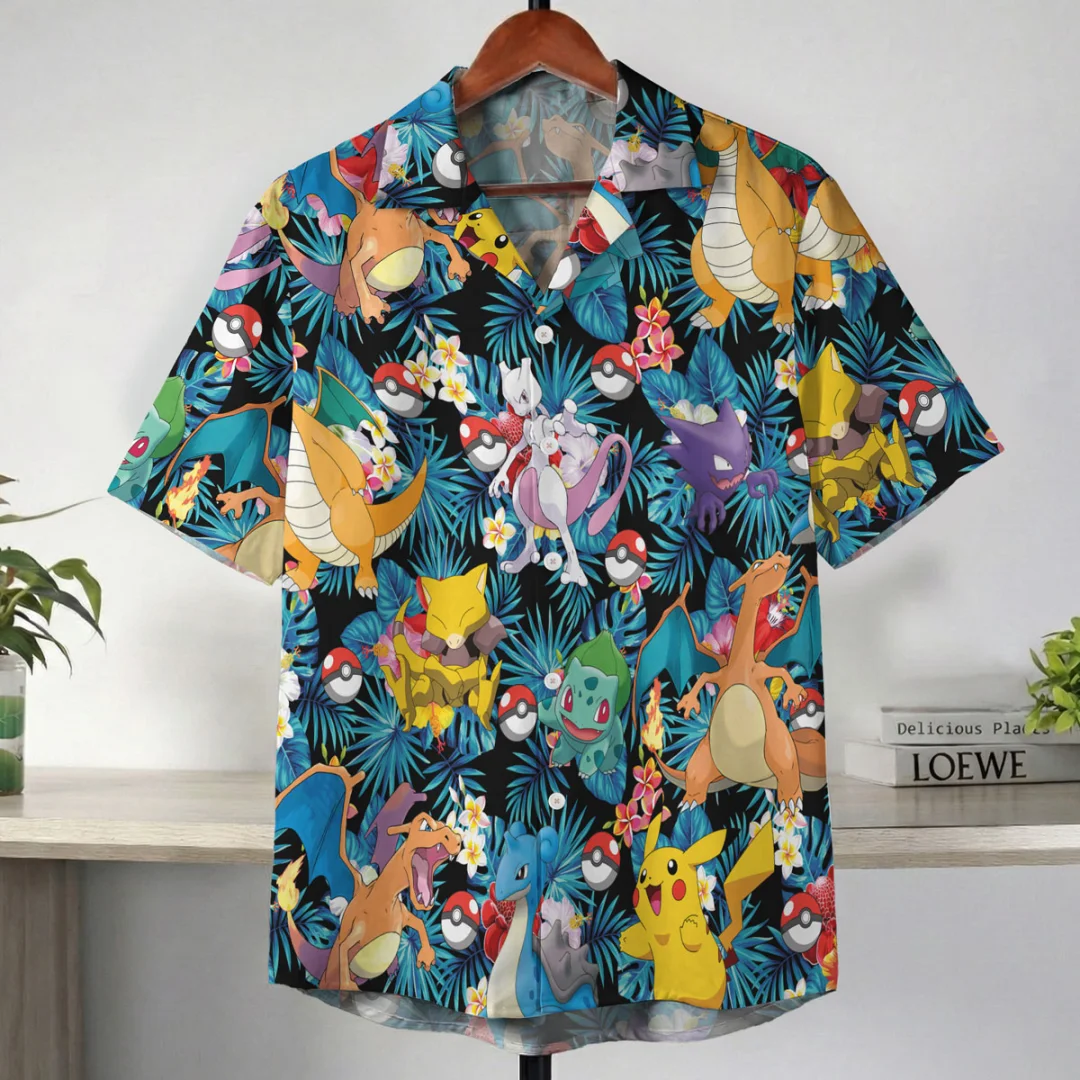 2026 Kanto Pokémon Tropisches Muster Anime Hawaii-Hemd Sommer Freizeit Herren T-Shirt Kinderkleidung Tee Y2k Damen