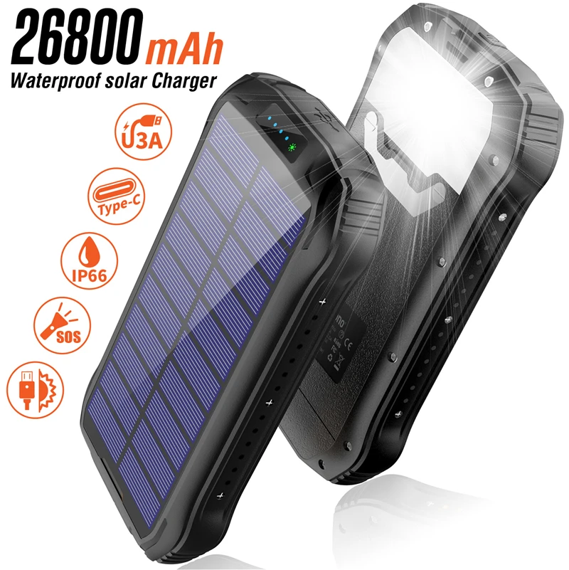 

Solar Power Bank 26800mAh 10W Wireless Fast Charger for iPhone 14 13 pro Xiaomi Outdoor 3 USB Powerbank with Camping Flashlight