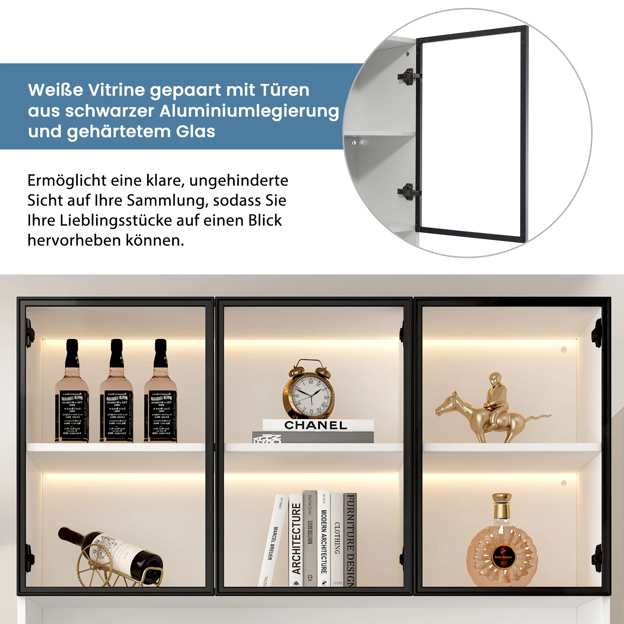 200 cm hoher weißer Vitrinenschrank mit LED, Glastüren (schwarzer Rahmen), Bücherregal mit mehreren Staufächern – Detail 9